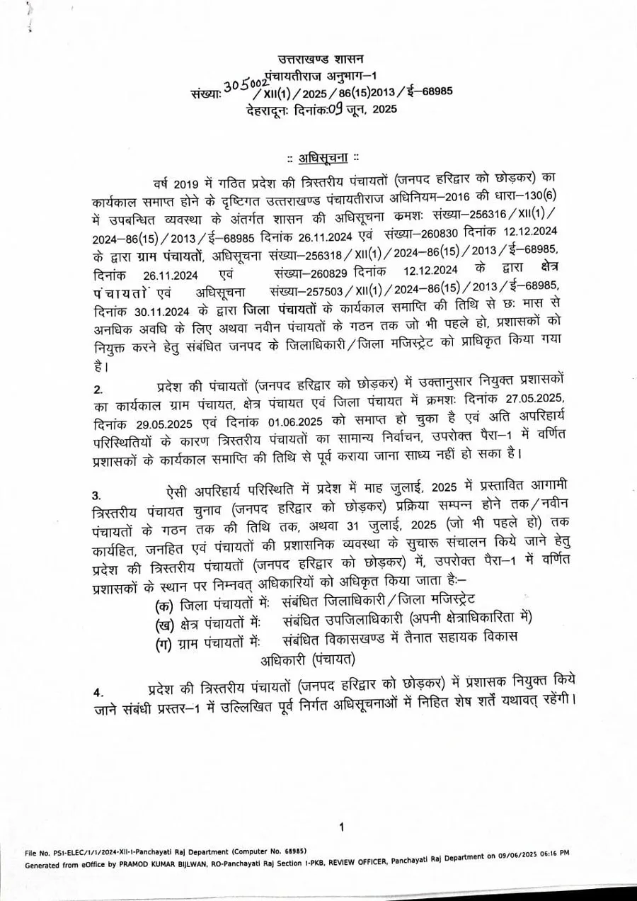 उत्तराखंड पंचायतों में प्रशासकों का कार्यकाल बढ़ाया गया: शासन ने जारी की अधिसूचना। 1 पंचायतों में प्रशासकों का कार्यकाल बढ़ाया गया: उत्तराखंड शासन ने जारी की अधिसूचना।