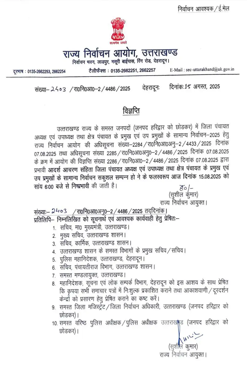 उत्तराखंड में आदर्श आचार संहिता समाप्त: चुनाव के बाद सामान्य जीवन की वापसी 1 उत्तराखंड में आदर्श आचार संहिता समाप्त: चुनाव के बाद सामान्य जीवन की वापसी