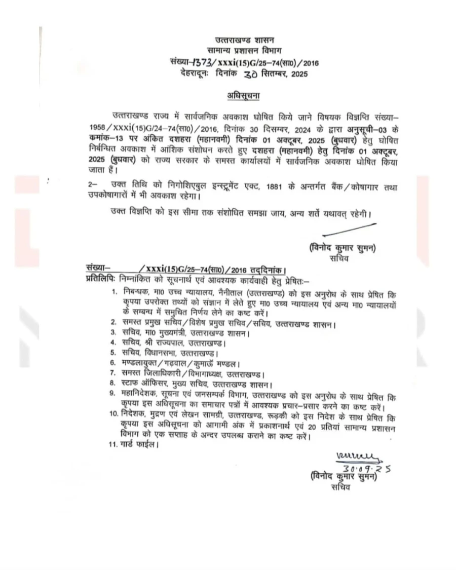 उत्तराखंड: महानवमी पर सार्वजनिक अवकाश घोषित, मुख्यमंत्री धामी ने दी प्रदेशवासियों को बधाई 1 उत्तराखंड: महानवमी पर सार्वजनिक अवकाश घोषित, मुख्यमंत्री धामी ने दी प्रदेशवासियों को बधाई