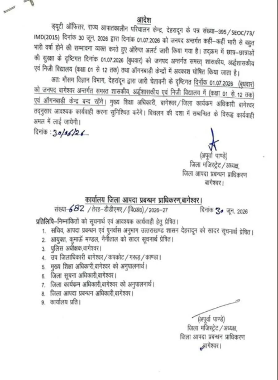 Heavy Rain Alert: 1 जुलाई को कक्षा 1 से 12 तक के सभी स्कूल और आंगनबाड़ी केंद्र रहेंगे बंद 1 Heavy Rain Alert: 1 जुलाई को कक्षा 1 से 12 तक के सभी स्कूल और आंगनबाड़ी केंद्र रहेंगे बंद