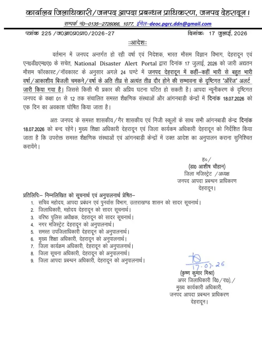 Alert: देहरादून में कल भारी बारिश की चेतावनी, सभी स्कूल और आंगनबाड़ी रहेंगे बंद 1 Alert: देहरादून में कल भारी बारिश की चेतावनी, सभी स्कूल और आंगनबाड़ी रहेंगे बंद
