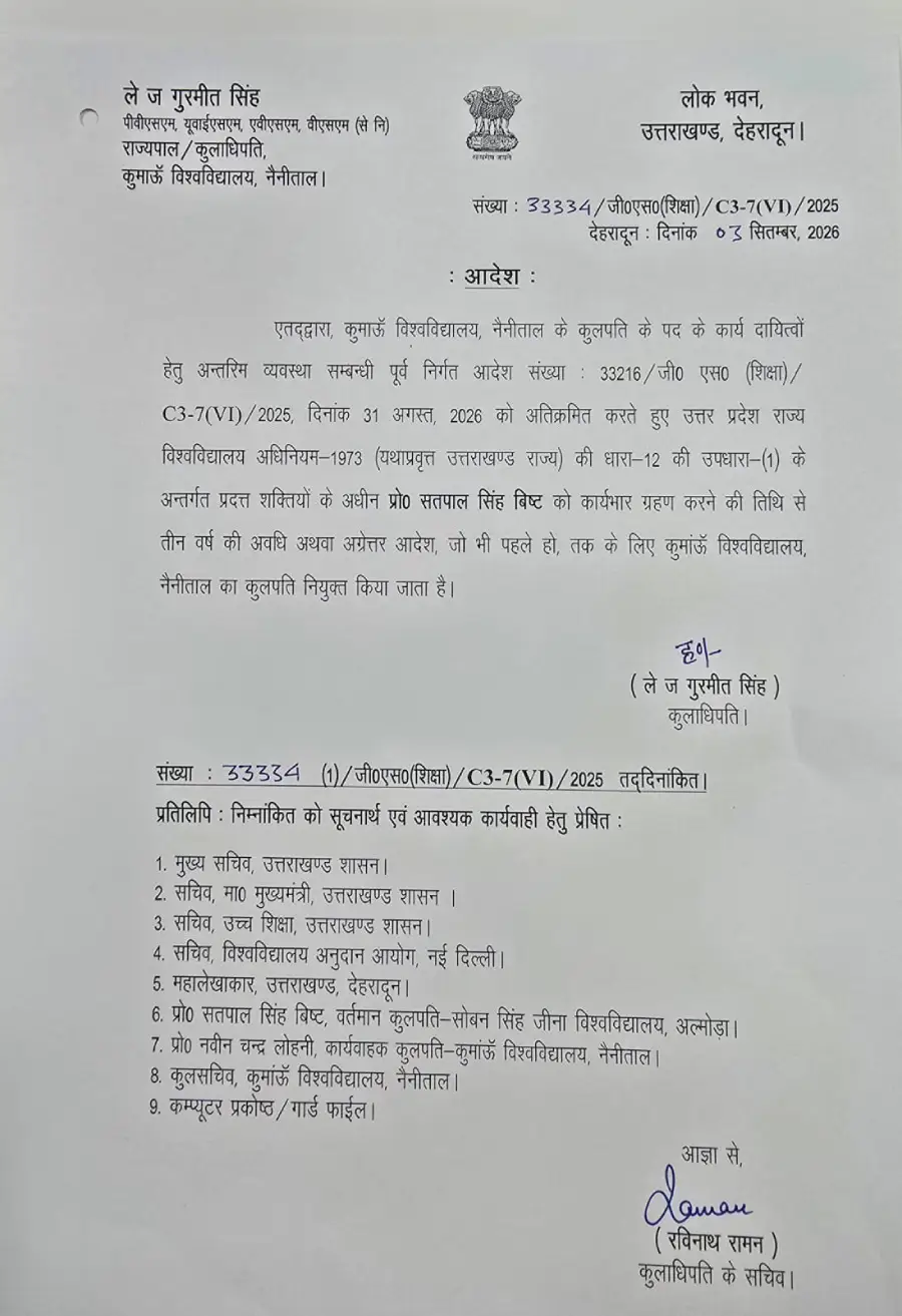 प्रो. सतपाल सिंह बिष्ट बने कुमाऊं विश्वविद्यालय के नए कुलपति, लोक भवन से आदेश जारी 2 प्रो. सतपाल सिंह बिष्ट बने कुमाऊं विश्वविद्यालय के नए कुलपति, लोक भवन से आदेश जारी